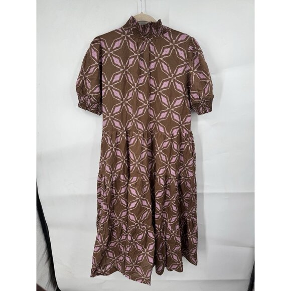Pinch Printed Midi Dress Women Large Brown Prairie Peasant Boho Cottage Milkmaid - Picture 3 of 12